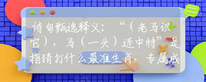 诗句甄选释义：“（老马识它），马（一头）连中特”是指猜打什么最准生肖，专属成语谜底释义解析